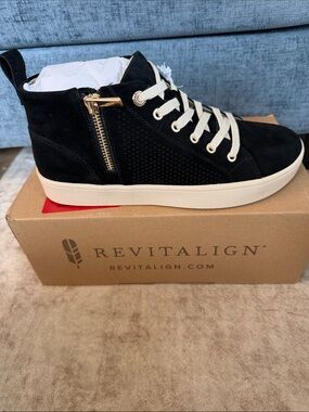 REVITALIGN Emma Black Suede High-Top Bootie with Cream Sole and Gold Zipper